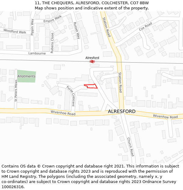 11, THE CHEQUERS, ALRESFORD, COLCHESTER, CO7 8BW: Location map and indicative extent of plot