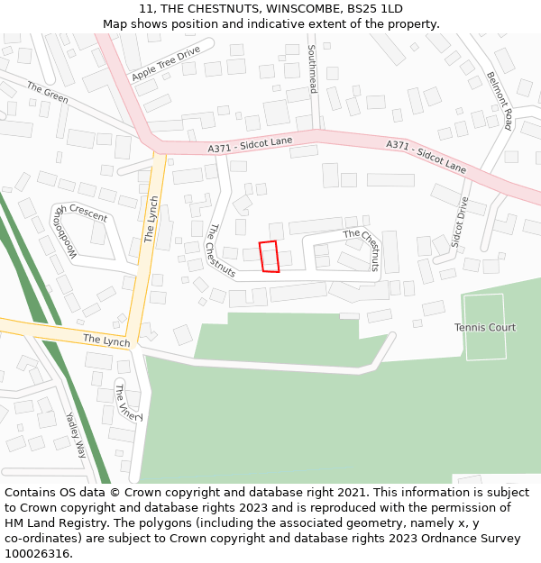 11, THE CHESTNUTS, WINSCOMBE, BS25 1LD: Location map and indicative extent of plot