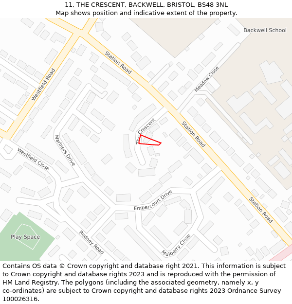 11, THE CRESCENT, BACKWELL, BRISTOL, BS48 3NL: Location map and indicative extent of plot