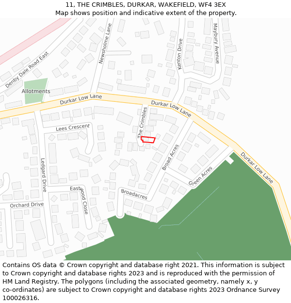 11, THE CRIMBLES, DURKAR, WAKEFIELD, WF4 3EX: Location map and indicative extent of plot