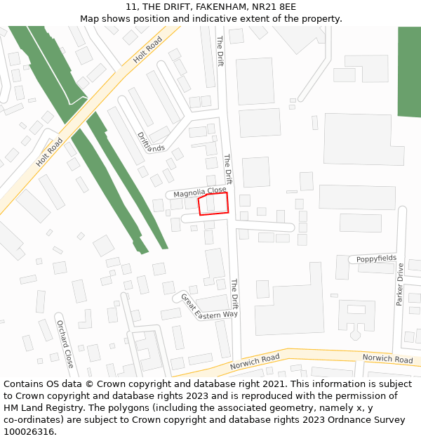 11, THE DRIFT, FAKENHAM, NR21 8EE: Location map and indicative extent of plot