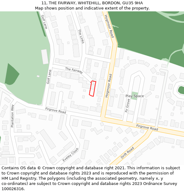 11, THE FAIRWAY, WHITEHILL, BORDON, GU35 9HA: Location map and indicative extent of plot