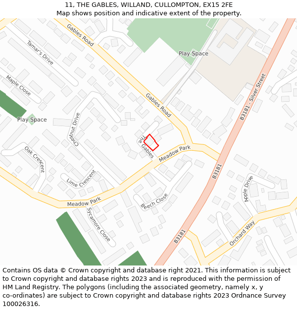 11, THE GABLES, WILLAND, CULLOMPTON, EX15 2FE: Location map and indicative extent of plot