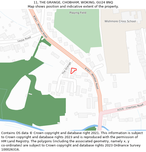 11, THE GRANGE, CHOBHAM, WOKING, GU24 8NQ: Location map and indicative extent of plot