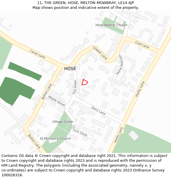 11, THE GREEN, HOSE, MELTON MOWBRAY, LE14 4JP: Location map and indicative extent of plot