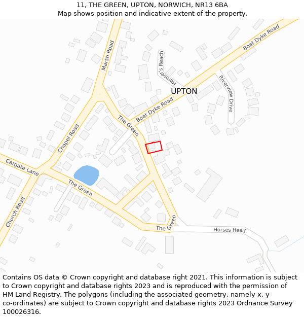 11, THE GREEN, UPTON, NORWICH, NR13 6BA: Location map and indicative extent of plot