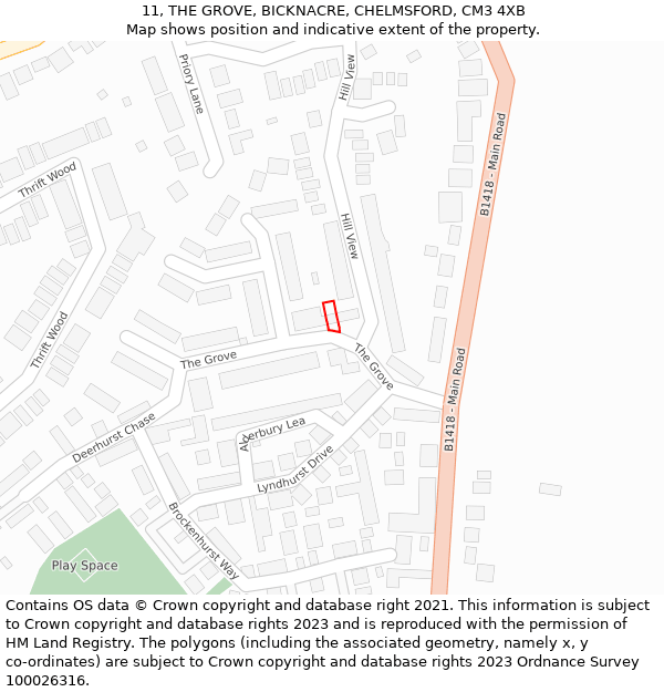 11, THE GROVE, BICKNACRE, CHELMSFORD, CM3 4XB: Location map and indicative extent of plot