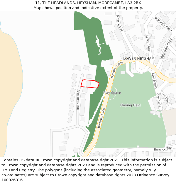 11, THE HEADLANDS, HEYSHAM, MORECAMBE, LA3 2RX: Location map and indicative extent of plot