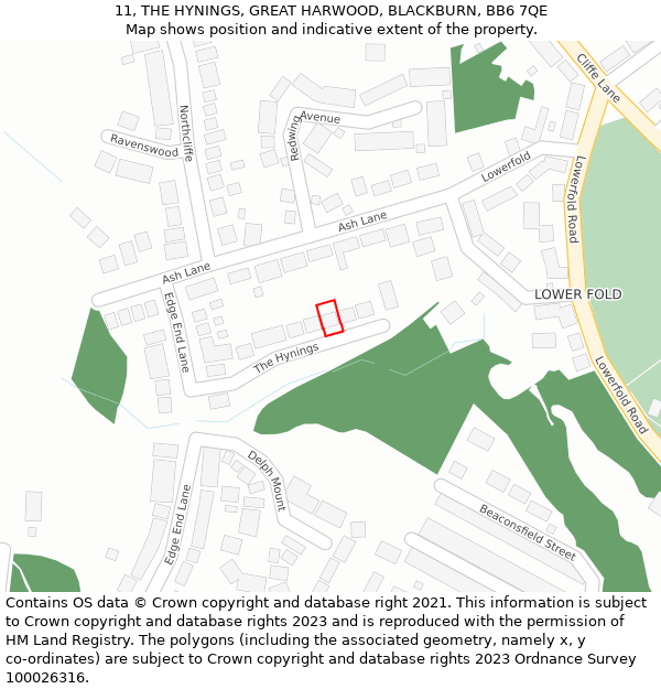 11, THE HYNINGS, GREAT HARWOOD, BLACKBURN, BB6 7QE: Location map and indicative extent of plot