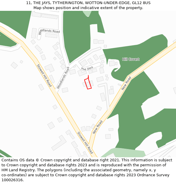 11, THE JAYS, TYTHERINGTON, WOTTON-UNDER-EDGE, GL12 8US: Location map and indicative extent of plot