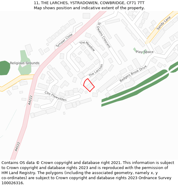 11, THE LARCHES, YSTRADOWEN, COWBRIDGE, CF71 7TT: Location map and indicative extent of plot