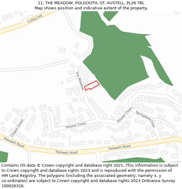 11, THE MEADOW, POLGOOTH, ST. AUSTELL, PL26 7BL: Location map and indicative extent of plot