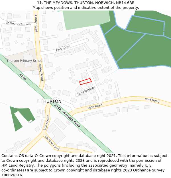 11, THE MEADOWS, THURTON, NORWICH, NR14 6BB: Location map and indicative extent of plot