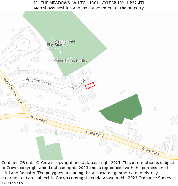 11, THE MEADOWS, WHITCHURCH, AYLESBURY, HP22 4TL: Location map and indicative extent of plot