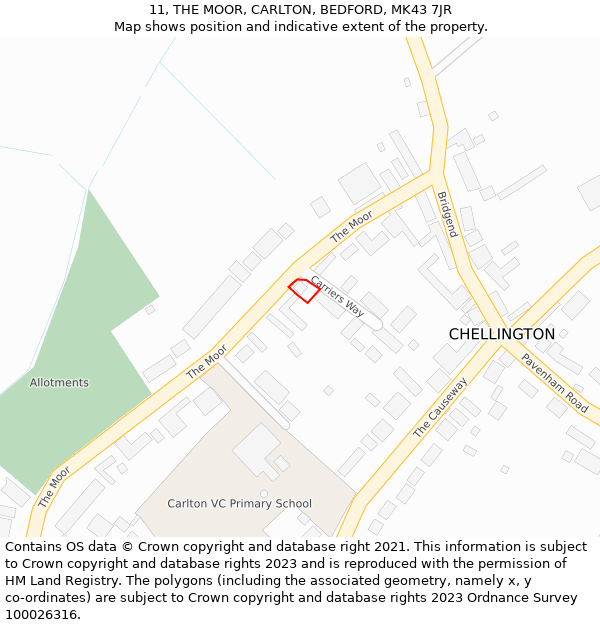 11, THE MOOR, CARLTON, BEDFORD, MK43 7JR: Location map and indicative extent of plot