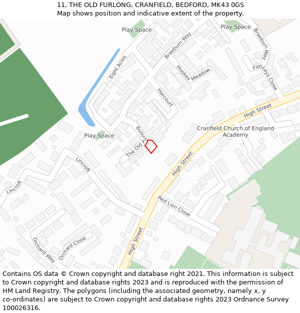 11, THE OLD FURLONG, CRANFIELD, BEDFORD, MK43 0GS: Location map and indicative extent of plot