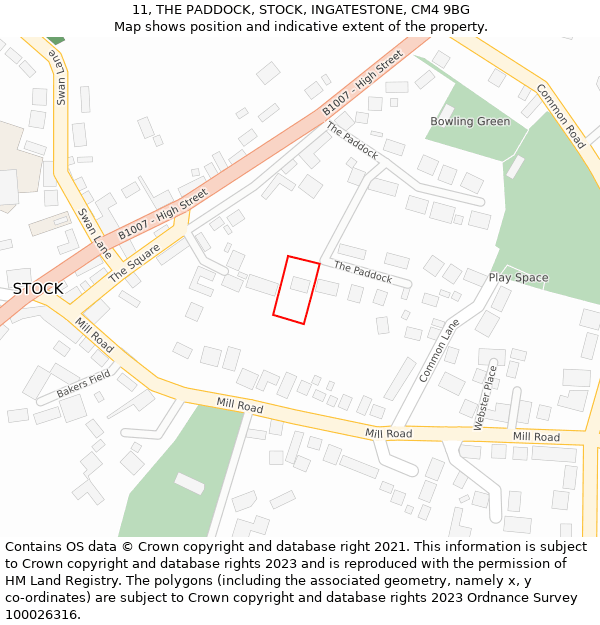 11, THE PADDOCK, STOCK, INGATESTONE, CM4 9BG: Location map and indicative extent of plot