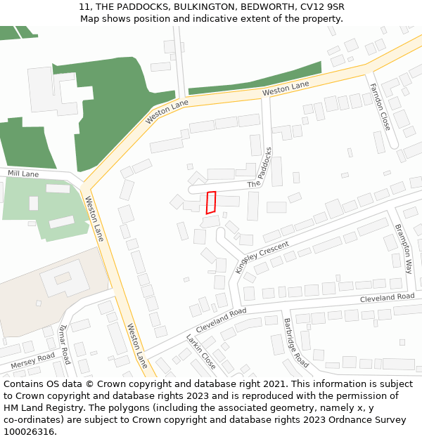 11, THE PADDOCKS, BULKINGTON, BEDWORTH, CV12 9SR: Location map and indicative extent of plot