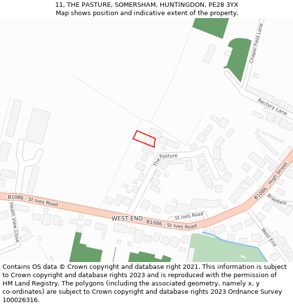 11, THE PASTURE, SOMERSHAM, HUNTINGDON, PE28 3YX: Location map and indicative extent of plot