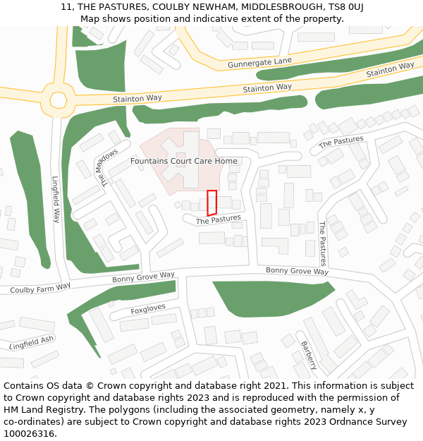 11, THE PASTURES, COULBY NEWHAM, MIDDLESBROUGH, TS8 0UJ: Location map and indicative extent of plot