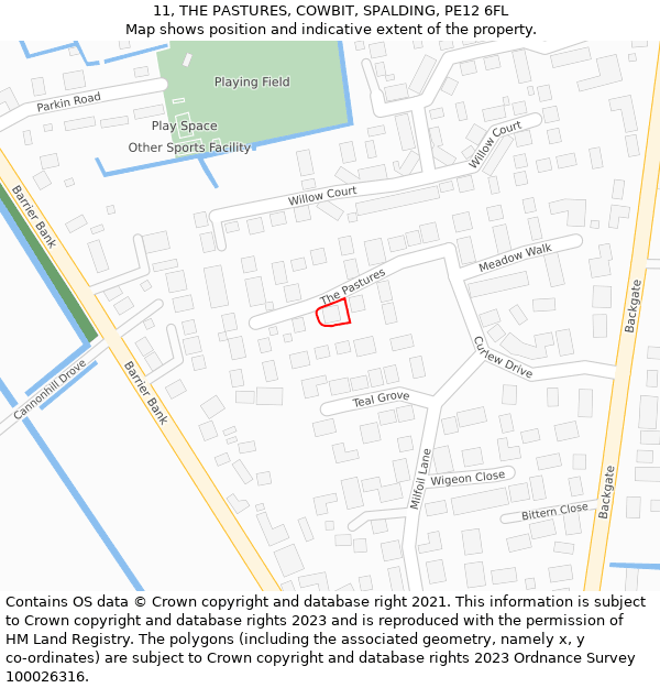 11, THE PASTURES, COWBIT, SPALDING, PE12 6FL: Location map and indicative extent of plot