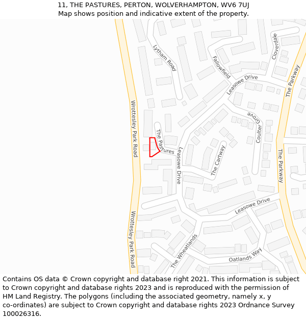 11, THE PASTURES, PERTON, WOLVERHAMPTON, WV6 7UJ: Location map and indicative extent of plot