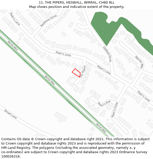 11, THE PIPERS, HESWALL, WIRRAL, CH60 9LL: Location map and indicative extent of plot