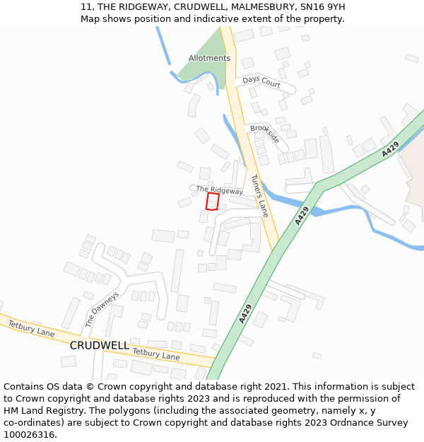 11, THE RIDGEWAY, CRUDWELL, MALMESBURY, SN16 9YH: Location map and indicative extent of plot
