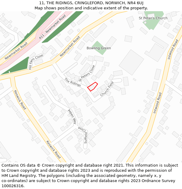 11, THE RIDINGS, CRINGLEFORD, NORWICH, NR4 6UJ: Location map and indicative extent of plot