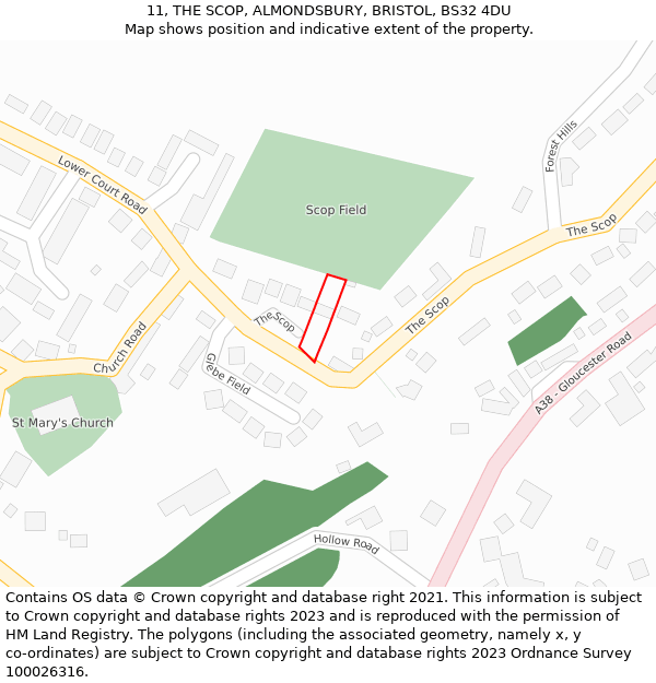 11, THE SCOP, ALMONDSBURY, BRISTOL, BS32 4DU: Location map and indicative extent of plot