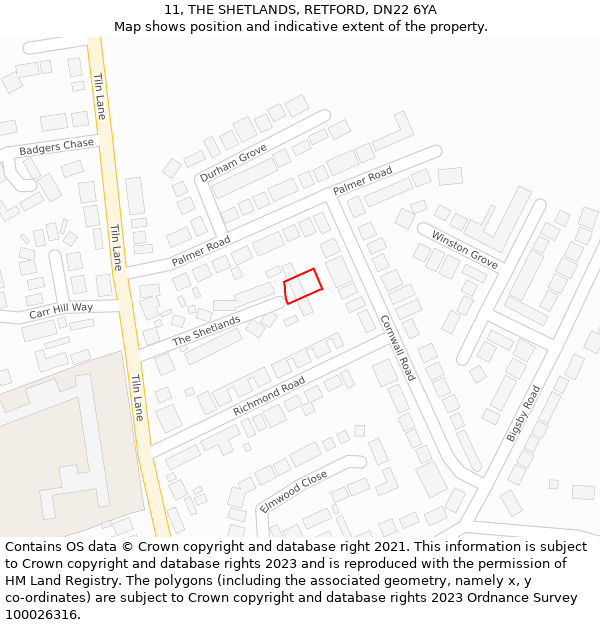 11, THE SHETLANDS, RETFORD, DN22 6YA: Location map and indicative extent of plot