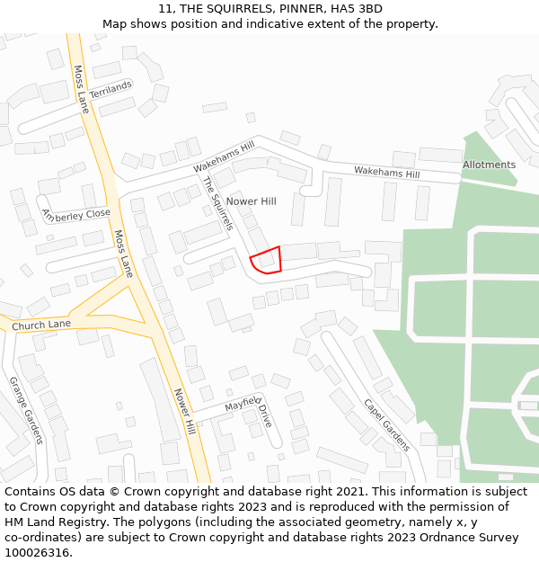 11, THE SQUIRRELS, PINNER, HA5 3BD: Location map and indicative extent of plot