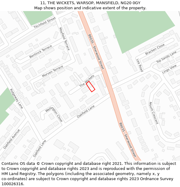 11, THE WICKETS, WARSOP, MANSFIELD, NG20 0GY: Location map and indicative extent of plot