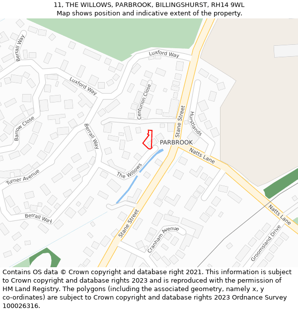 11, THE WILLOWS, PARBROOK, BILLINGSHURST, RH14 9WL: Location map and indicative extent of plot