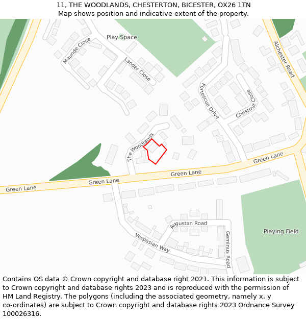 11, THE WOODLANDS, CHESTERTON, BICESTER, OX26 1TN: Location map and indicative extent of plot