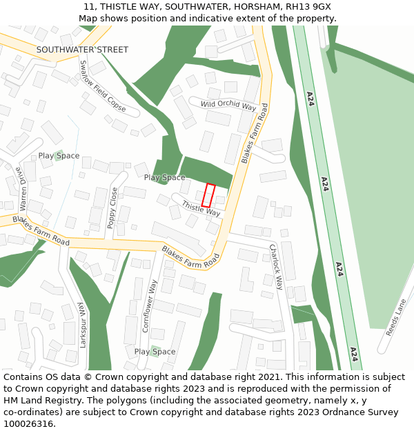 11, THISTLE WAY, SOUTHWATER, HORSHAM, RH13 9GX: Location map and indicative extent of plot