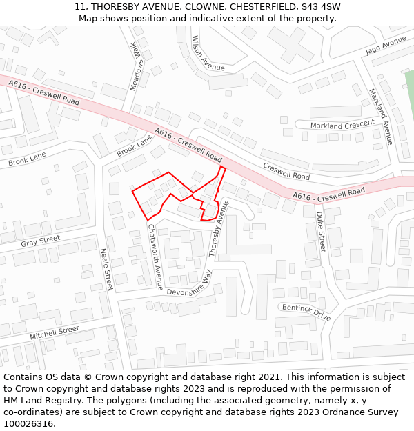 11, THORESBY AVENUE, CLOWNE, CHESTERFIELD, S43 4SW: Location map and indicative extent of plot