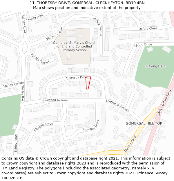 11, THORESBY DRIVE, GOMERSAL, CLECKHEATON, BD19 4RN: Location map and indicative extent of plot