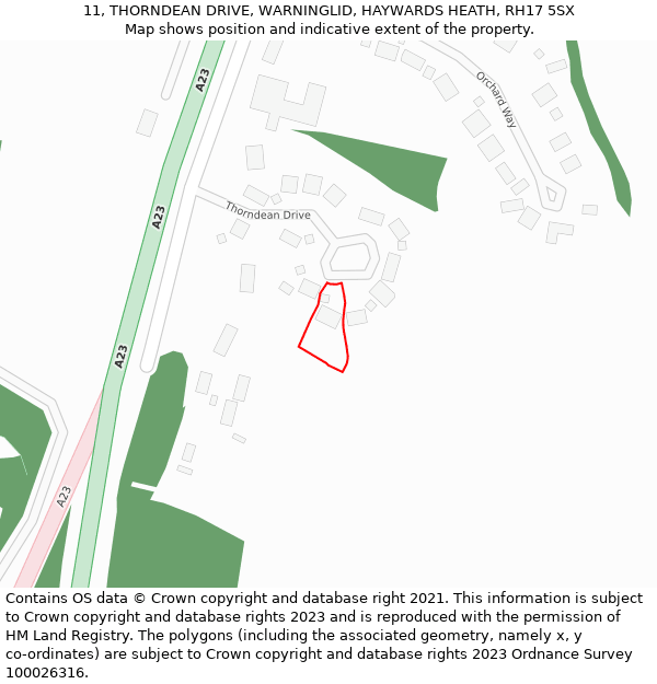 11, THORNDEAN DRIVE, WARNINGLID, HAYWARDS HEATH, RH17 5SX: Location map and indicative extent of plot