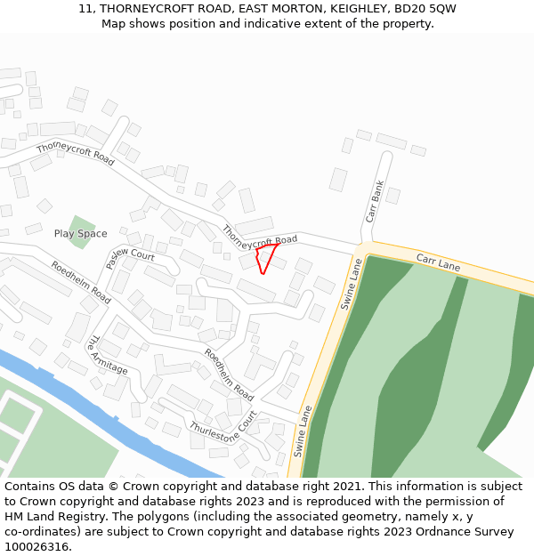 11, THORNEYCROFT ROAD, EAST MORTON, KEIGHLEY, BD20 5QW: Location map and indicative extent of plot