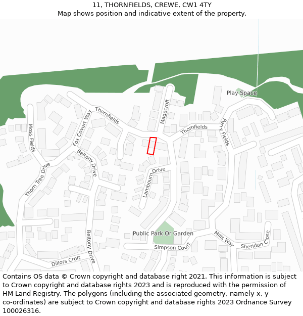 11, THORNFIELDS, CREWE, CW1 4TY: Location map and indicative extent of plot