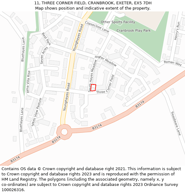 11, THREE CORNER FIELD, CRANBROOK, EXETER, EX5 7DH: Location map and indicative extent of plot