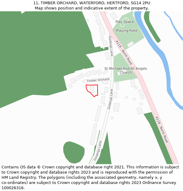 11, TIMBER ORCHARD, WATERFORD, HERTFORD, SG14 2PU: Location map and indicative extent of plot