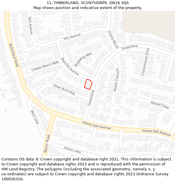 11, TIMBERLAND, SCUNTHORPE, DN16 3QA: Location map and indicative extent of plot