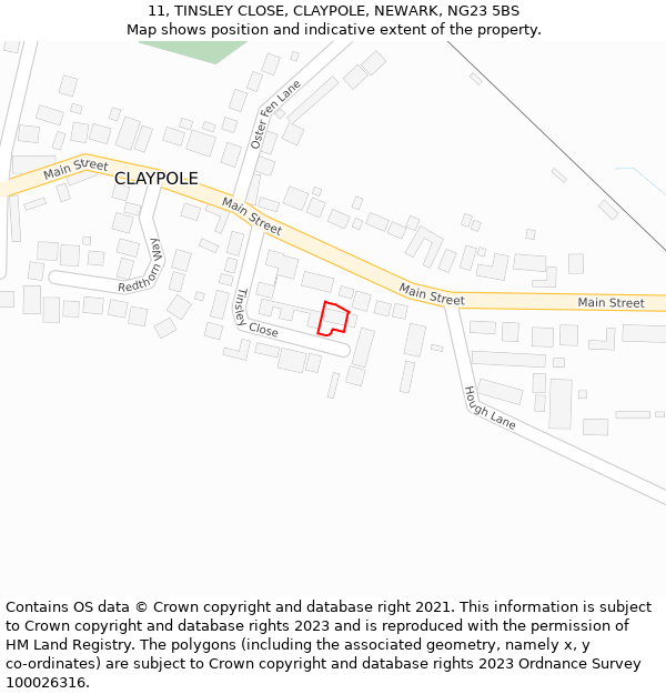 11, TINSLEY CLOSE, CLAYPOLE, NEWARK, NG23 5BS: Location map and indicative extent of plot