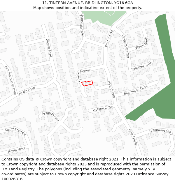 11, TINTERN AVENUE, BRIDLINGTON, YO16 6GA: Location map and indicative extent of plot