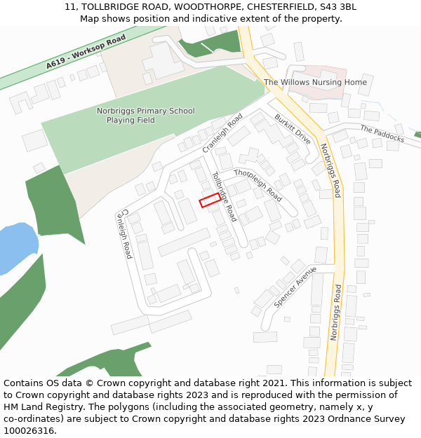 11, TOLLBRIDGE ROAD, WOODTHORPE, CHESTERFIELD, S43 3BL: Location map and indicative extent of plot
