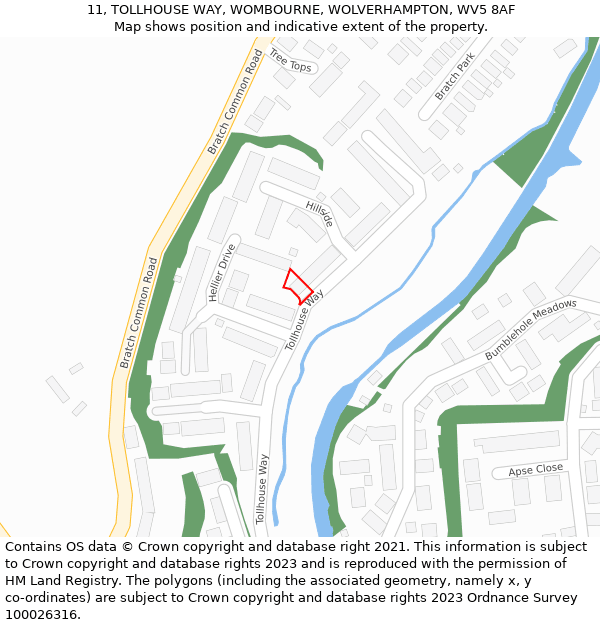 11, TOLLHOUSE WAY, WOMBOURNE, WOLVERHAMPTON, WV5 8AF: Location map and indicative extent of plot