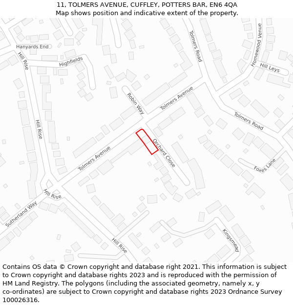 11, TOLMERS AVENUE, CUFFLEY, POTTERS BAR, EN6 4QA: Location map and indicative extent of plot