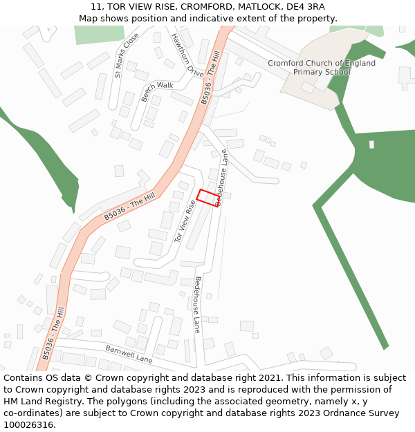 11, TOR VIEW RISE, CROMFORD, MATLOCK, DE4 3RA: Location map and indicative extent of plot